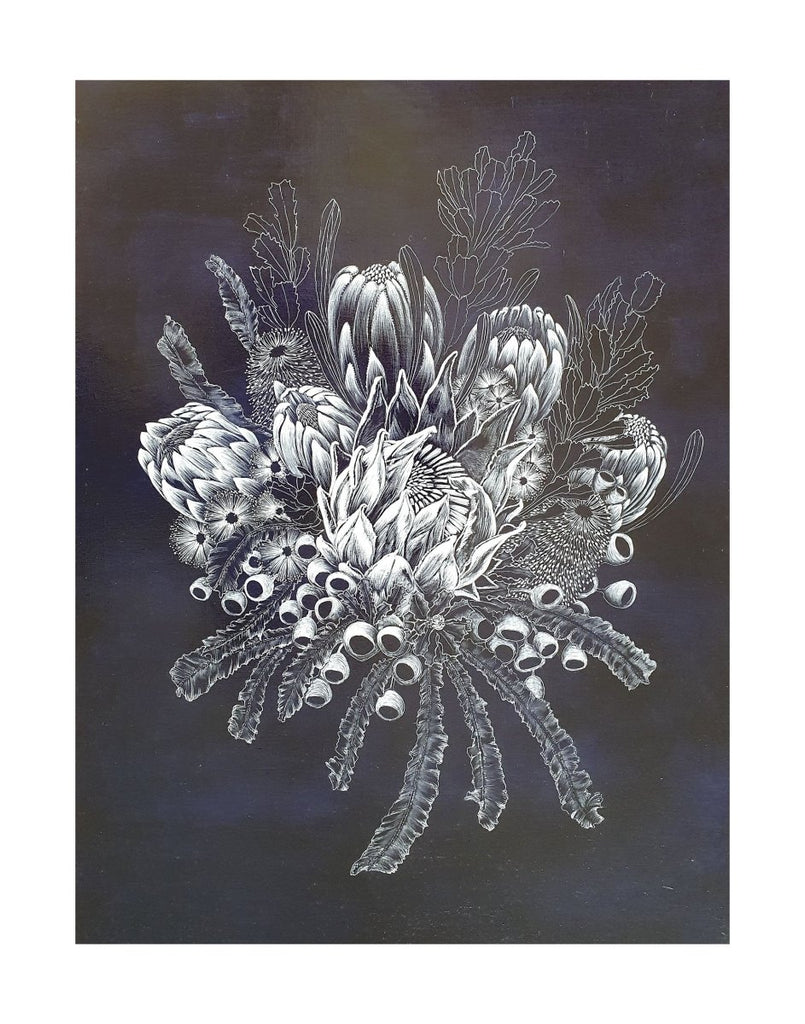 Dark Blue White Native Flowers Woodblock Painting 45x60cms No 30 - Artista Style