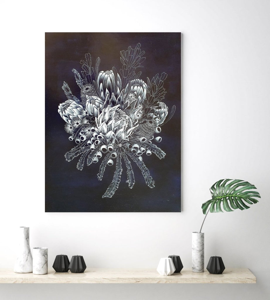 Dark Blue White Native Flowers Woodblock Painting 45x60cms No 30 - Artista Style