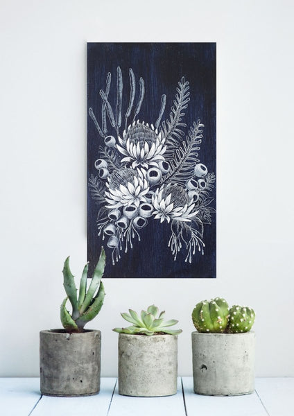 Australian Wildflower Bouquet Woodblock Painting Indigo Blue White 14 x 25cm No 17 - Artista Style