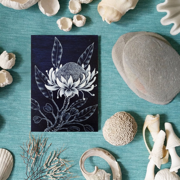 Australian wildflower painting Indigo Blue White woodblock painting Original Australian Art - Artista Style