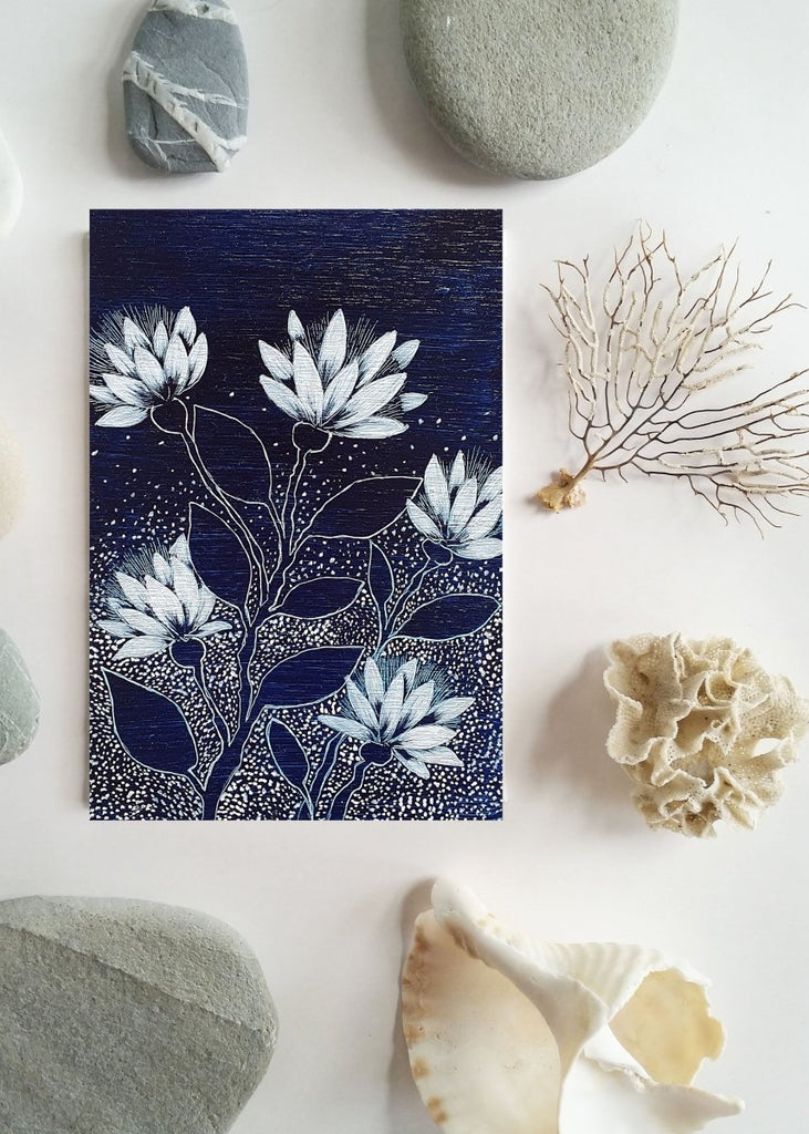 Australian wildflowers Dark Blue White woodblock painting Original one of a kind Australian Art - Artista Style