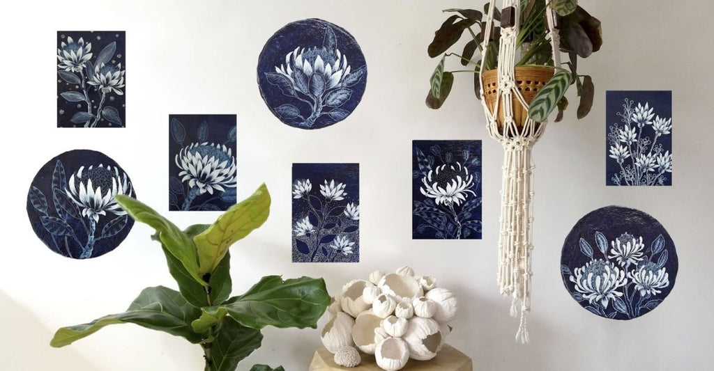 Australian wildflowers Dark Blue White woodblock painting Original one of a kind Australian Art - Artista Style
