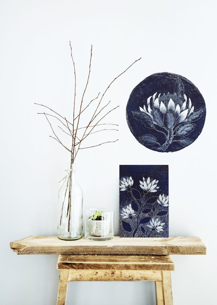 Australian wildflowers Dark Blue White woodblock painting Original one of a kind Australian Art - Artista Style