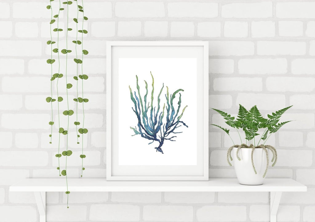 Blue Green Seaweed Watercolor Painting Archival Art Print Nautical Art Hamptons Style - Artista Style