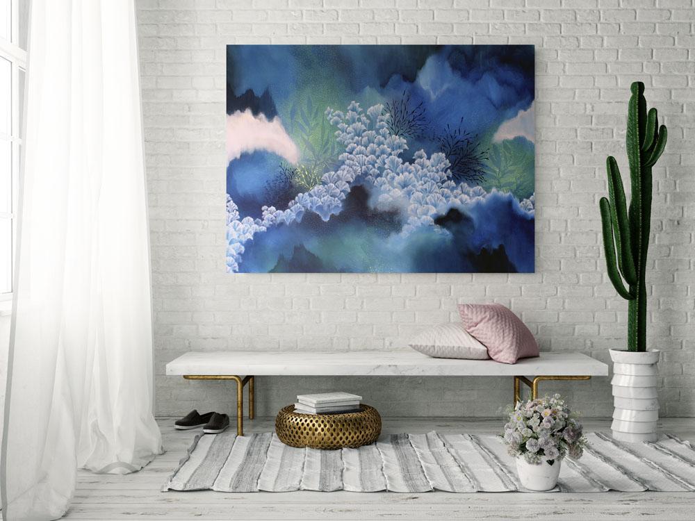 Blue Green Yellow white Abstract Painting Inspired by the Great Barrier Reef 105 x 76 cms 41 x 30 inches - Artista Style