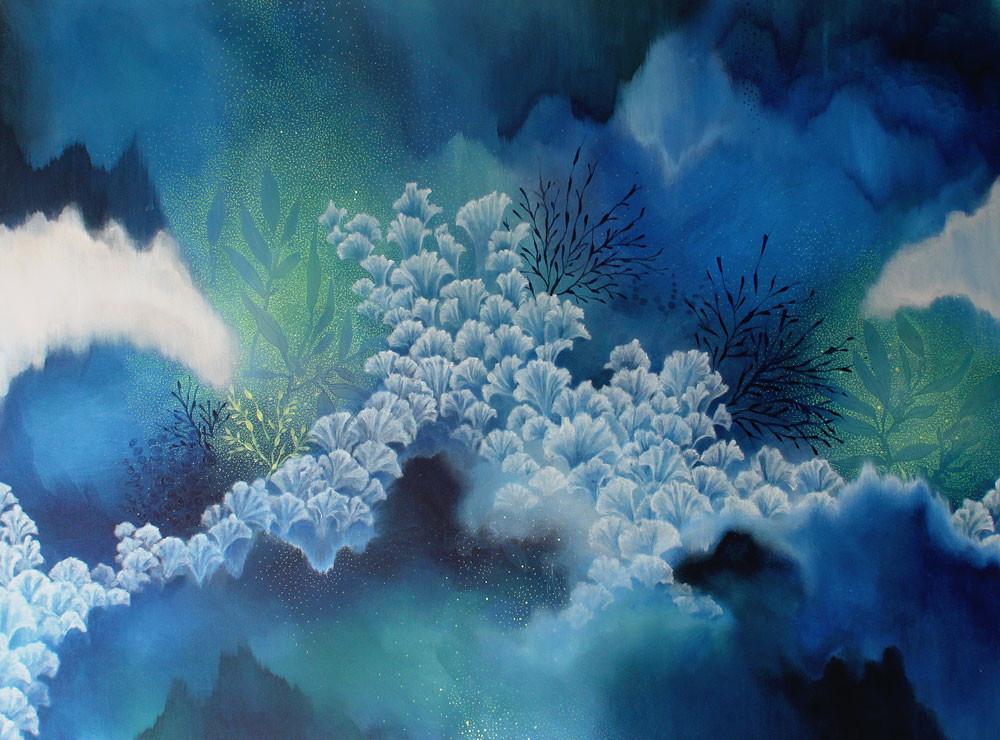Blue Green Yellow white Abstract Painting Inspired by the Great Barrier Reef 105 x 76 cms 41 x 30 inches - Artista Style