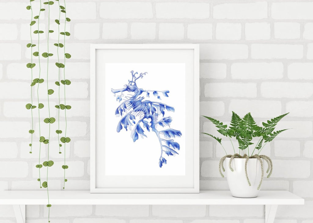 Blue Leafy Sea Dragon Seahorse Watercolor Art Print Hamptons Style Decor - Artista Style