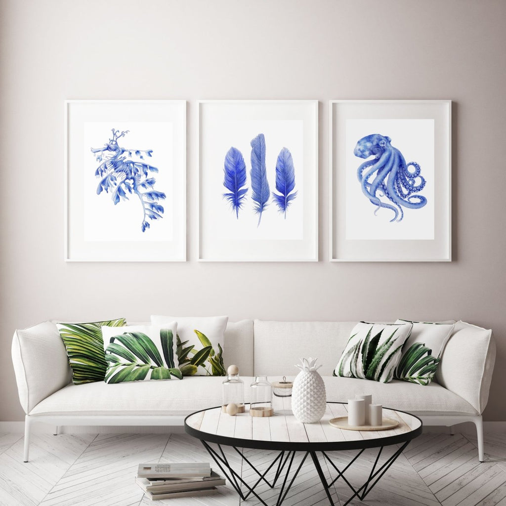 Blue Leafy Sea Dragon Seahorse Watercolor Art Print Hamptons Style Decor - Artista Style