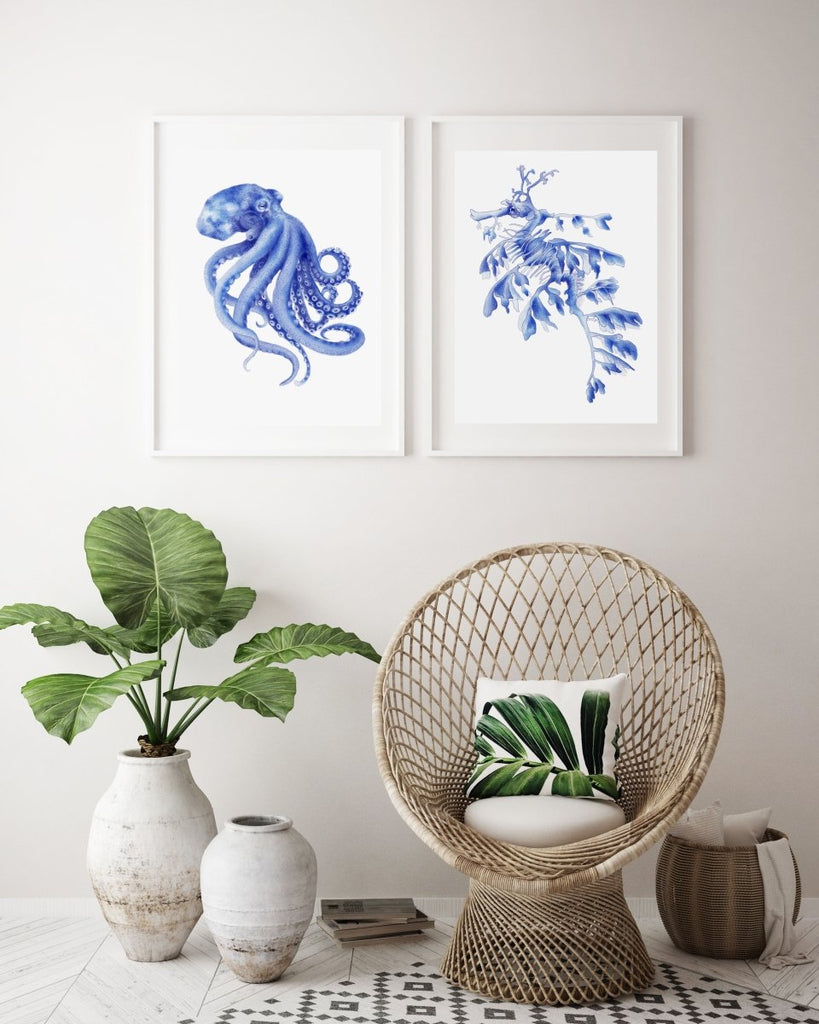 Blue Leafy Sea Dragon Seahorse Watercolor Art Print Hamptons Style Decor - Artista Style