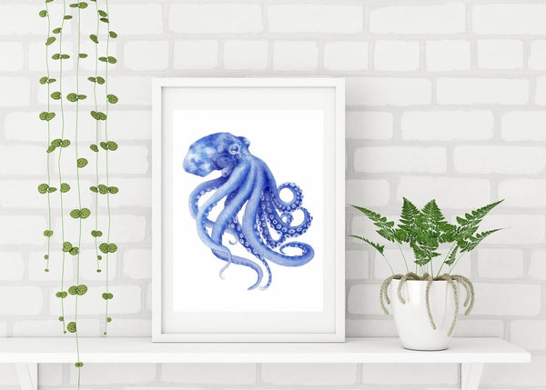 Blue Octopus Watercolor Painting Archival Art Print Hamptons Style Decor Beach Art - Artista Style