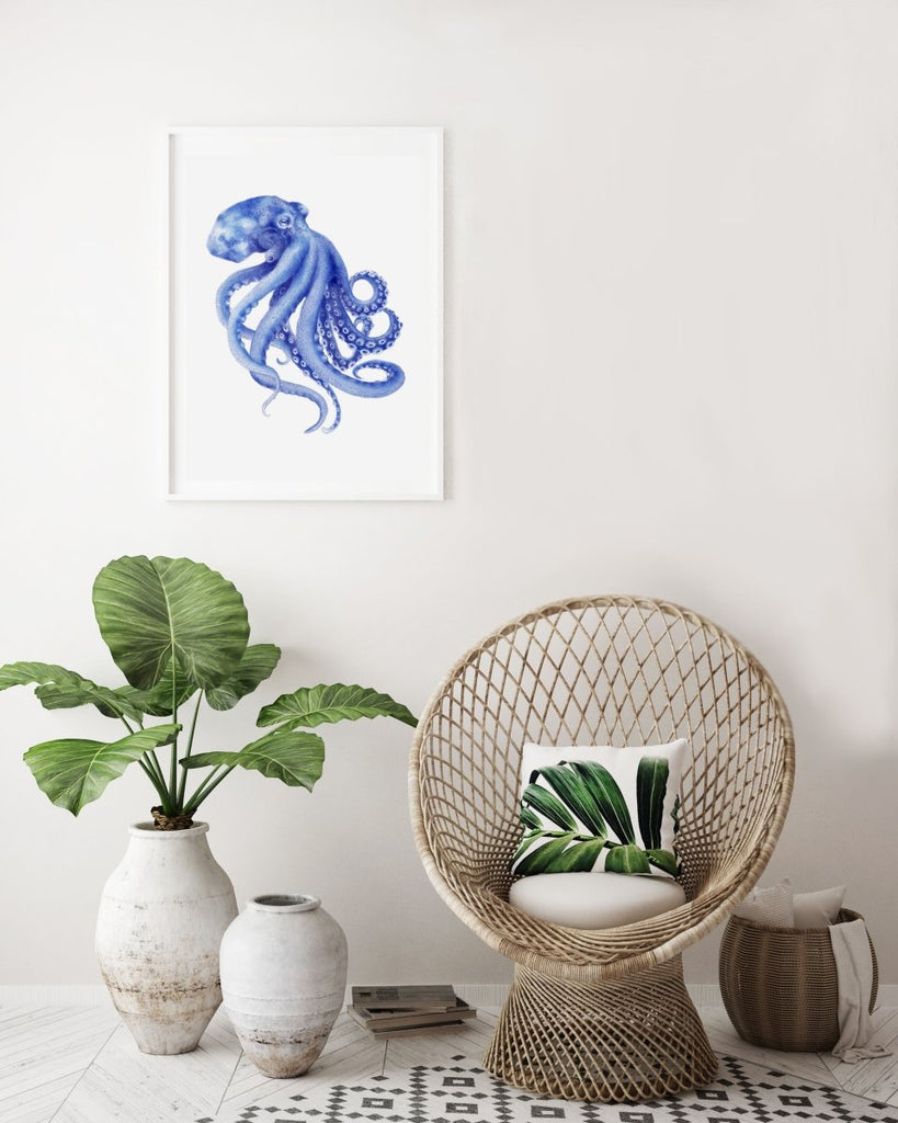 Blue Octopus Watercolor Painting Archival Art Print Hamptons Style Decor Beach Art - Artista Style