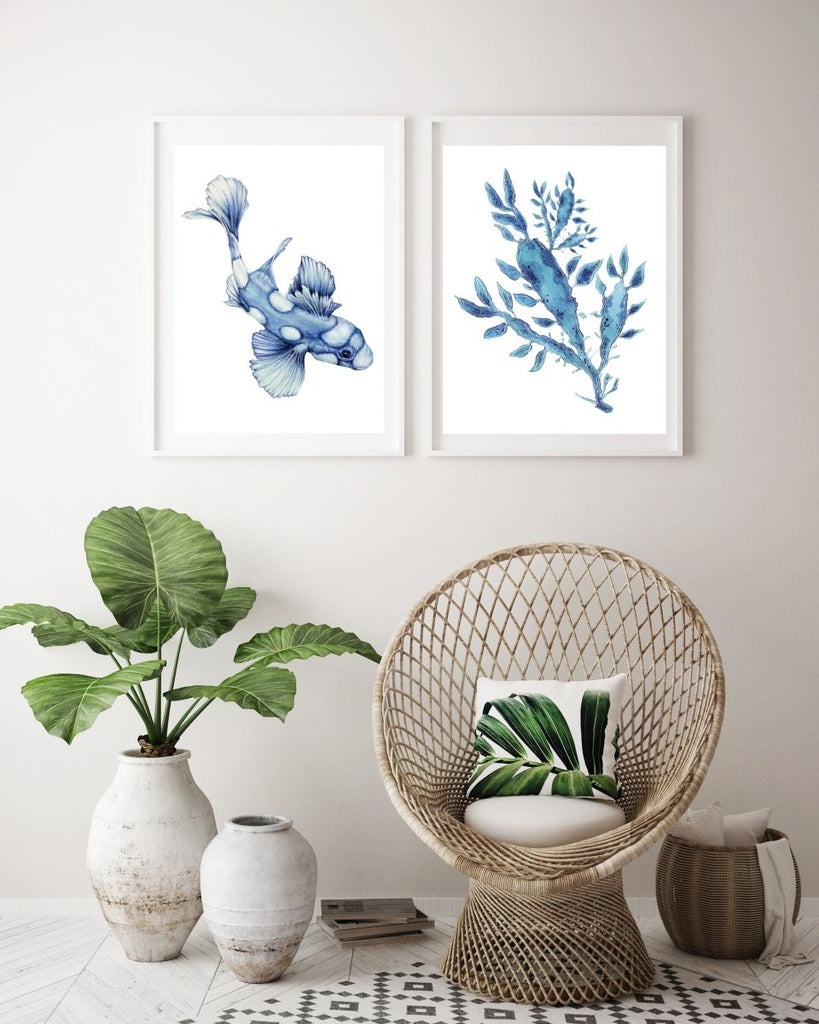 Blue Spotted fish Watercolour Art Print Coastal Boho Australian Style - Artista Style