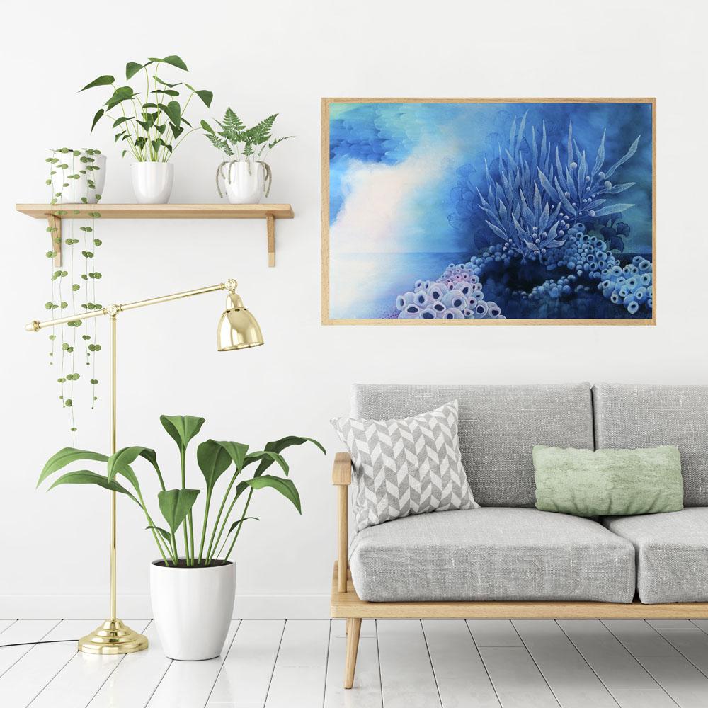 Blue turquoise and white painting inspired by organic forms and the ocean. 60 x 90 cms original Australian Art. Artista Style