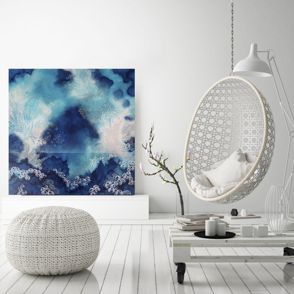 Blue turquoise and white painting inspired by organic forms and the ocean. 'Blue Serenity' 76 x 76 cms - Artista Style