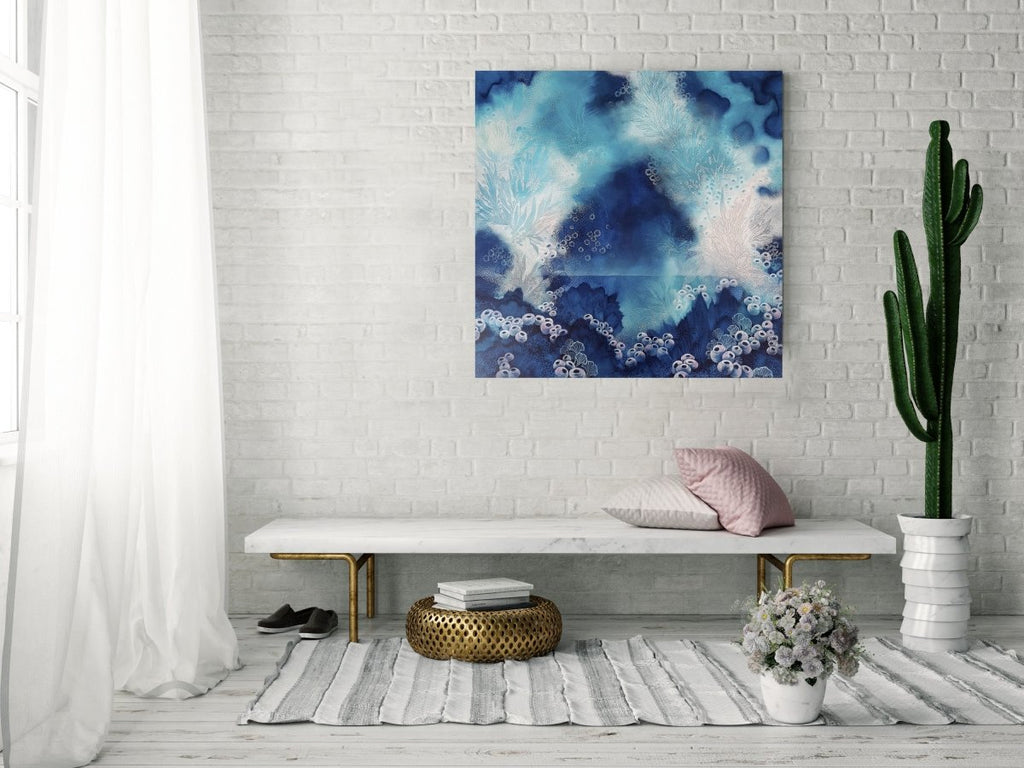 Blue turquoise and white painting inspired by organic forms and the ocean. 'Blue Serenity' 76 x 76 cms - Artista Style