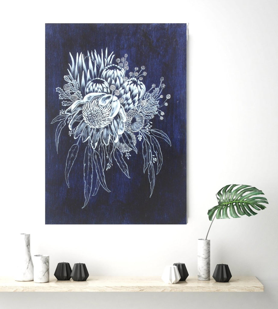 Blue White Waratah Woodblock Painting 25x35cms No 26 - Artista Style