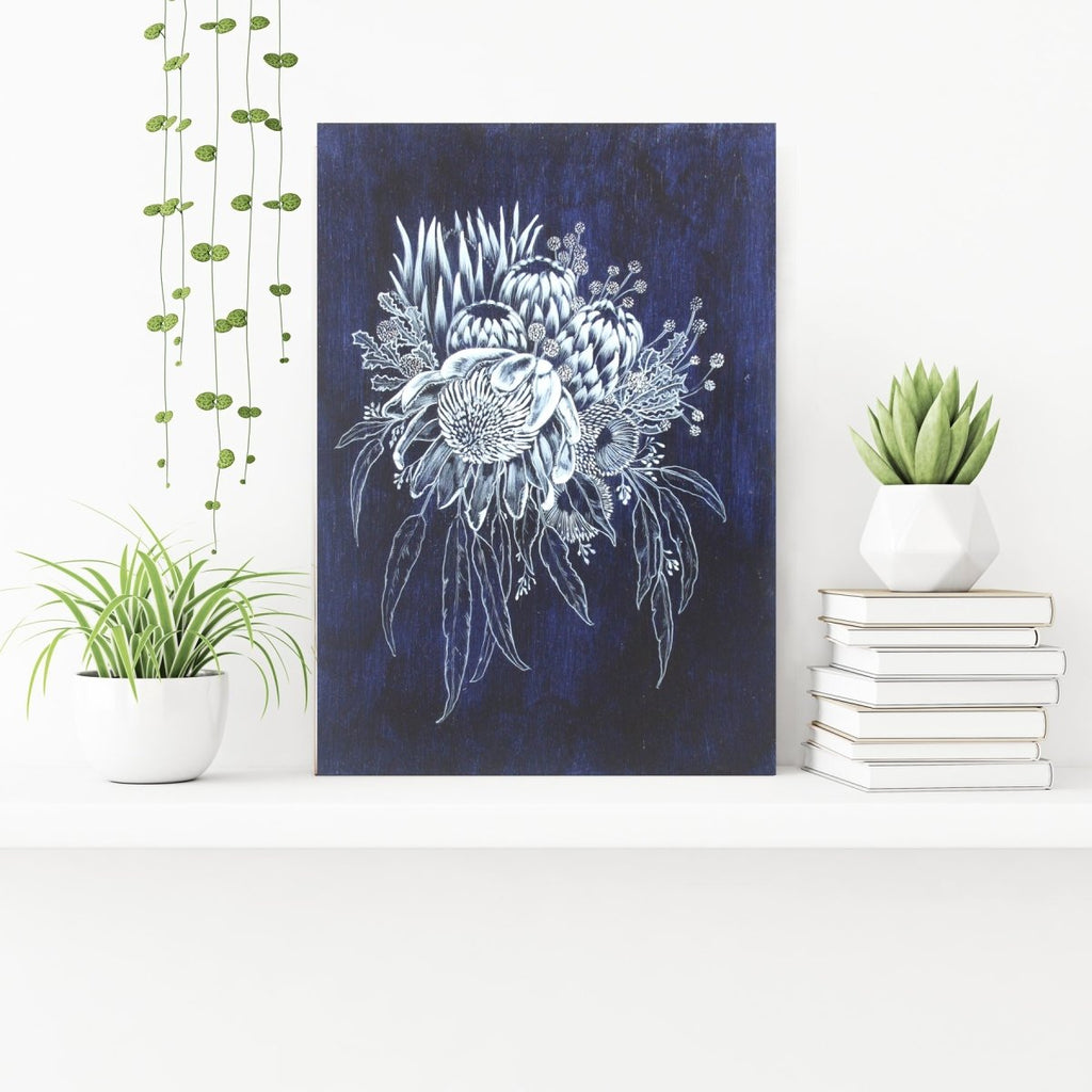 Blue White Waratah Woodblock Painting 25x35cms No 26 - Artista Style