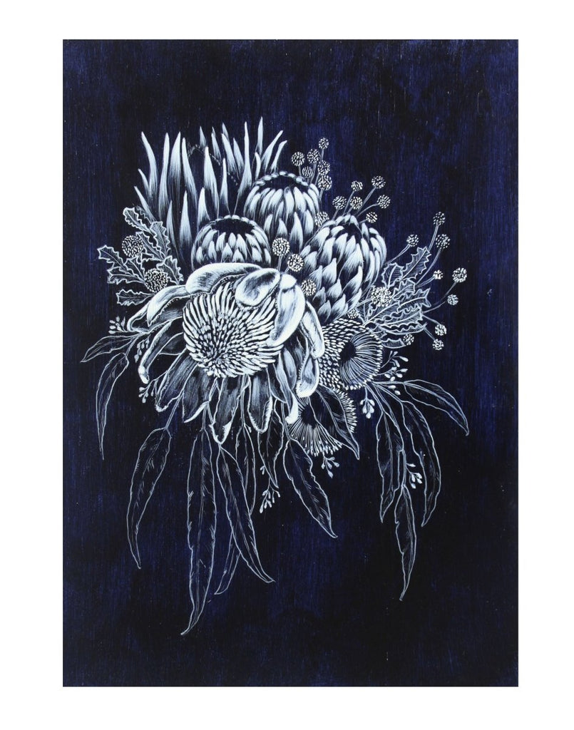 Blue White Waratah Woodblock Painting 25x35cms No 26 - Artista Style