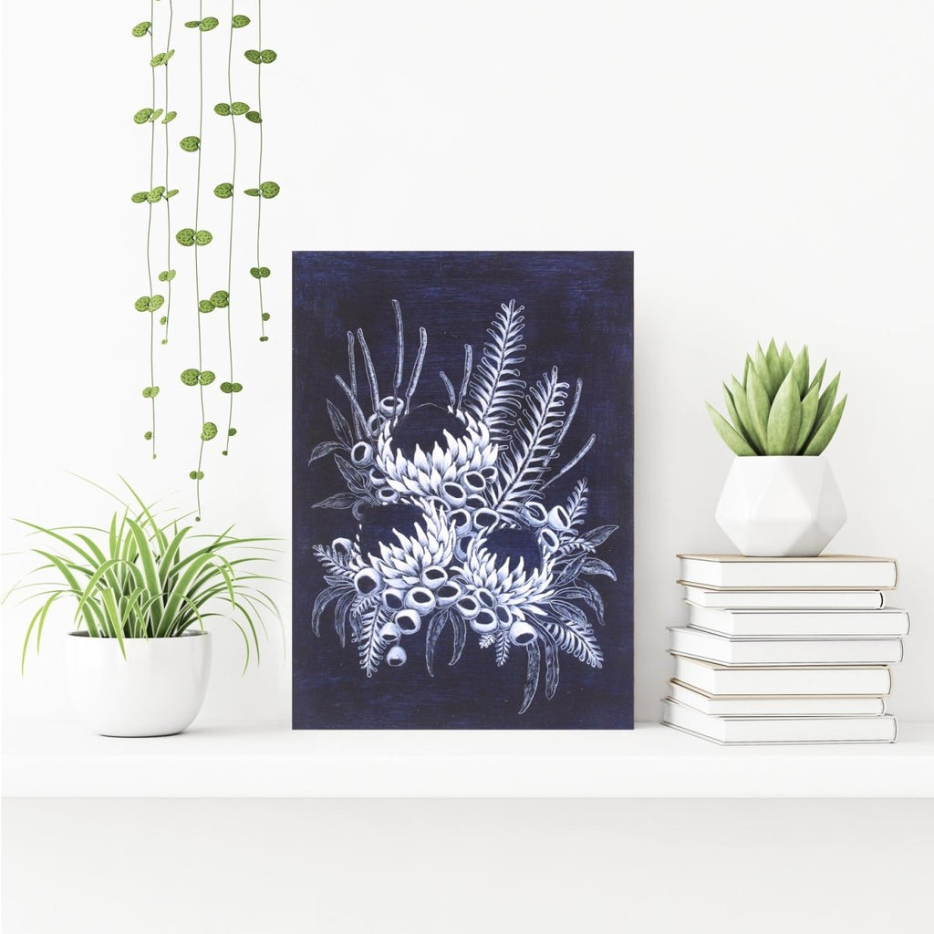 Blue White Waratahs Woodblock Painting 25x35cms No 24 - Artista Style