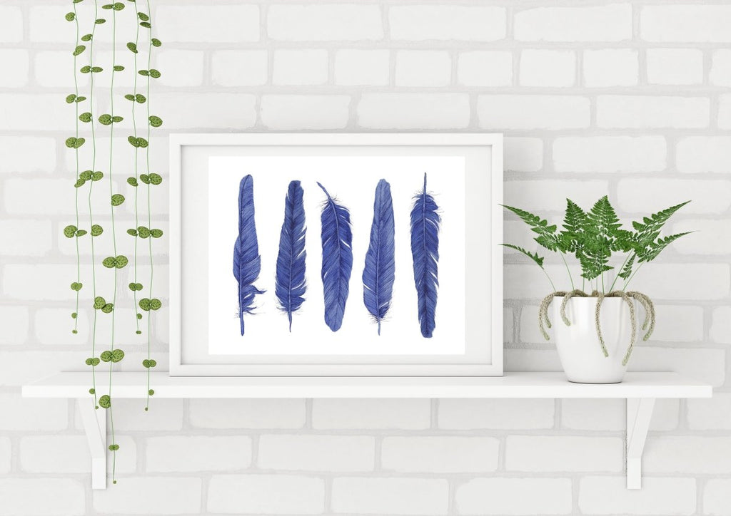 Five Shibori Blue Feathers Watercolour Art Print Indigo Blue Boholuxe Artwork - Artista Style