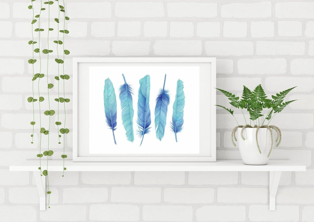 Five Turquoise Feathers Art Print - Artista Style