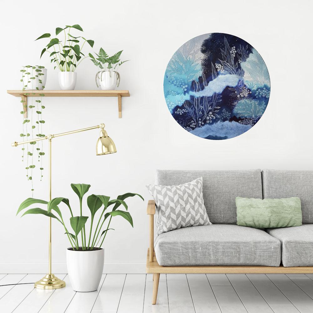 Indigo Blue turquoise and grey painting inspired by Seaweed and ocean gardens. 50 cms Round painting - Artista Style