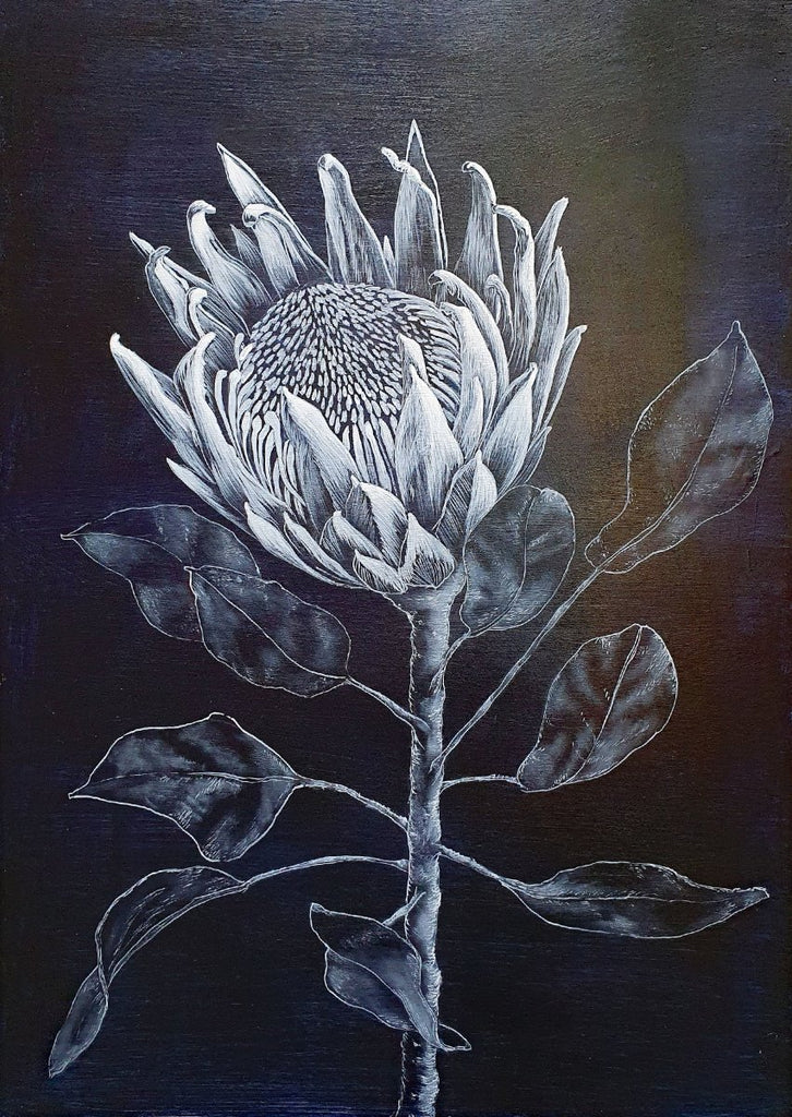 King Protea Woodblock Painting 25x35cms No 12 - Artista Style