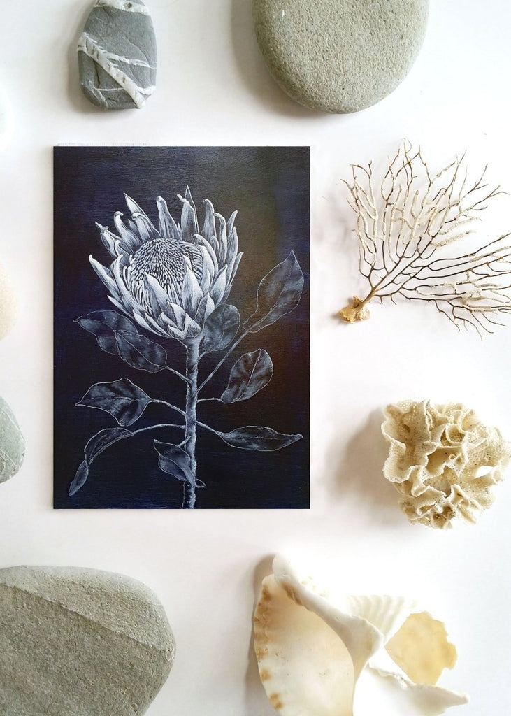 King Protea Woodblock Painting 25x35cms No 12 - Artista Style