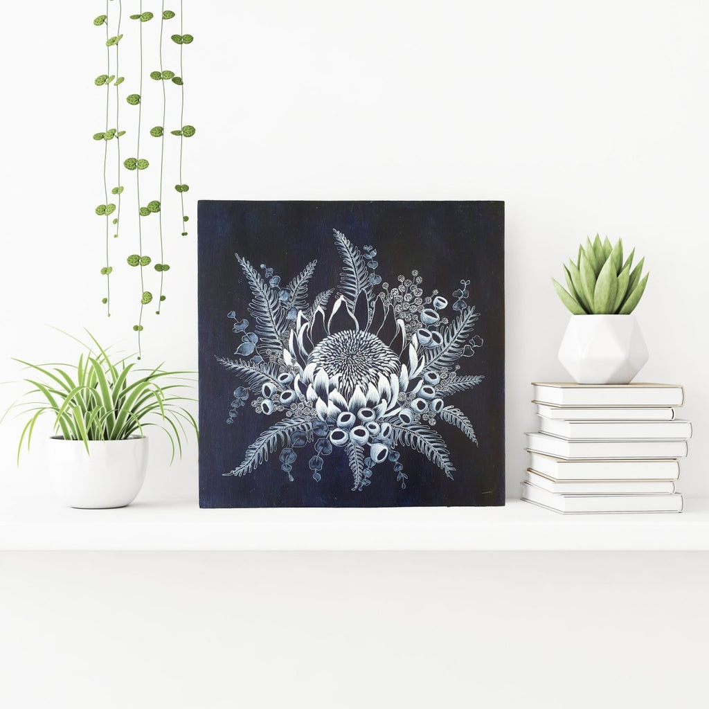 King Protea Woodblock Painting 30x30cms square No 16 - Artista Style