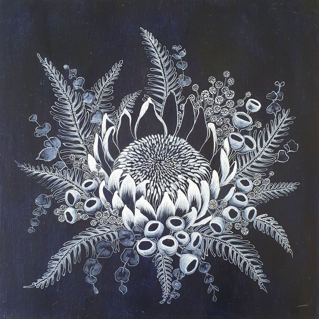 King Protea Woodblock Painting 30x30cms square No 16 - Artista Style