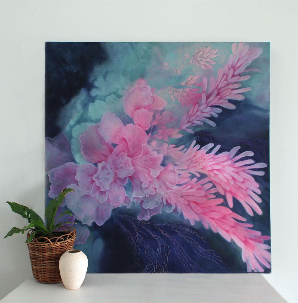 Large Abstract Painting Turquoise Magenta Indigo 91 x91cms 36x36 inches 'Octopods' - Artista Style