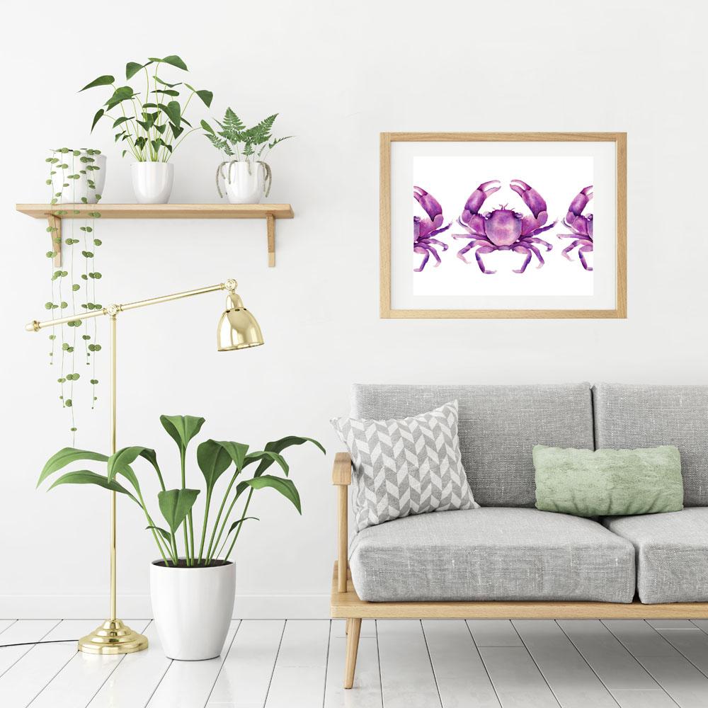 Magenta Pink Crabs Watercolour Art Print Limited Edition Coastal Art Beach House Art - Artista Style
