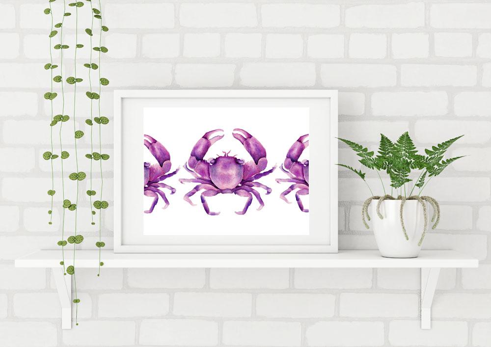 Magenta Pink Crabs Watercolour Art Print Limited Edition Coastal Art Beach House Art - Artista Style
