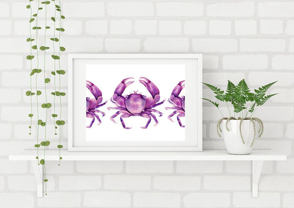 Magenta Pink Crabs Watercolour Art Print Limited Edition Coastal Art Beach House Art - Artista Style