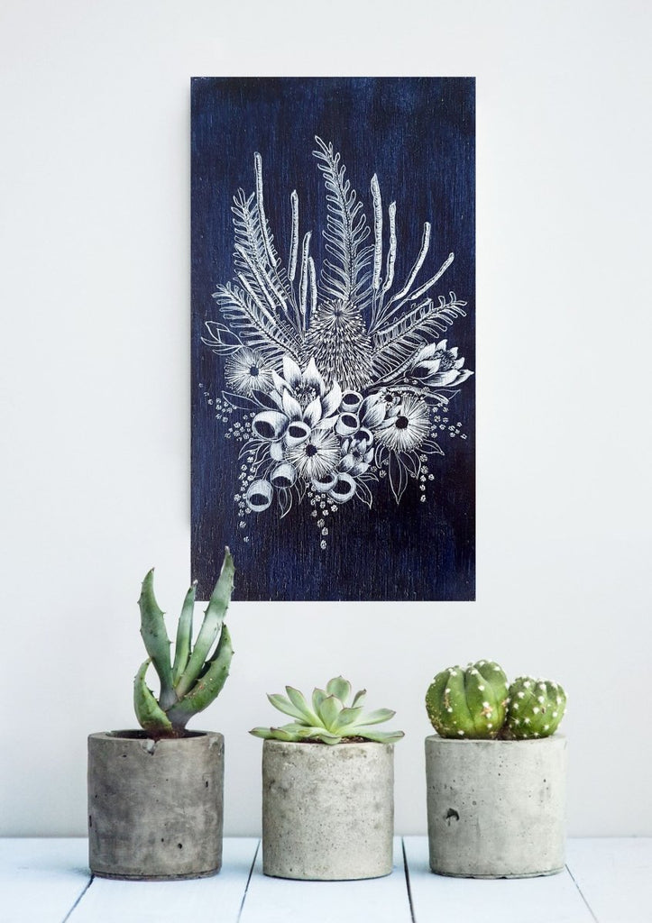 Native flowers Bouquet Woodblock Painting Indigo Blue White 14 x 25cm No 19 - Artista Style