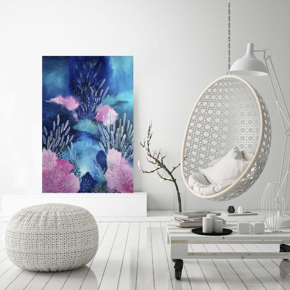 Navy Blue Aqua and Pink painting inspired by organic forms of Ocean Reefs. 'Riot II' 60 x 90 cms - Artista Style