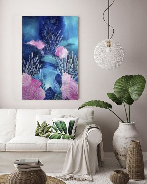 Navy Blue Aqua and Pink painting inspired by organic forms of Ocean Reefs. 'Riot II' 60 x 90 cms - Artista Style