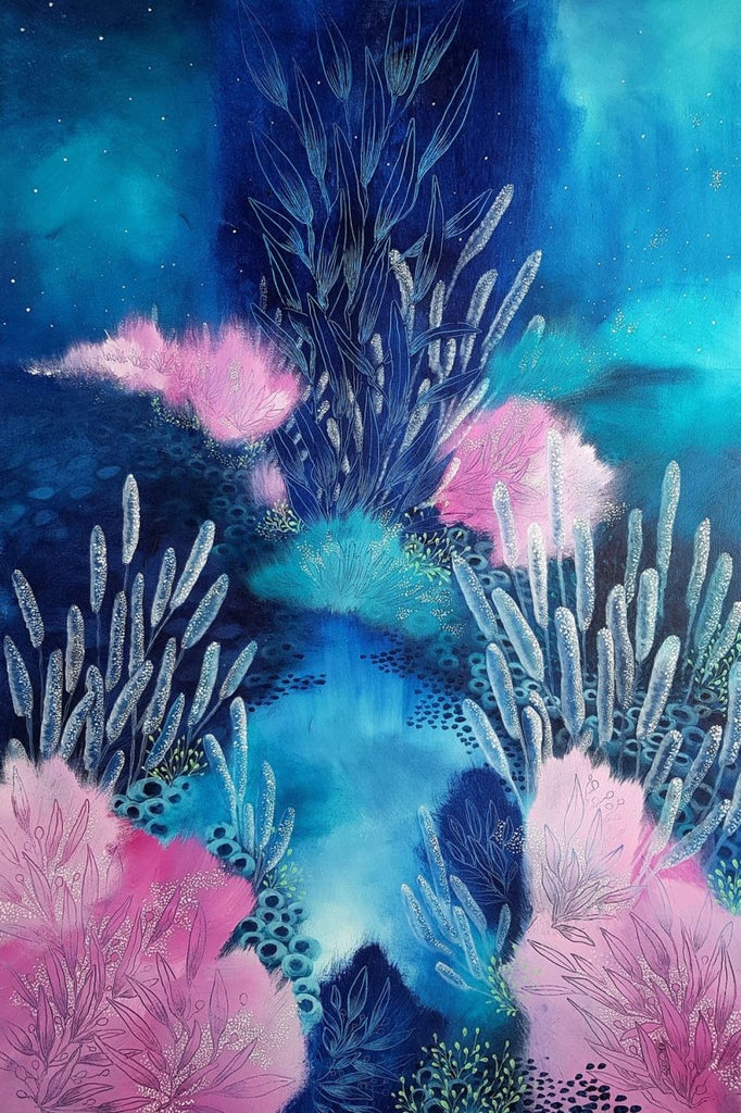 Navy Blue Aqua and Pink painting inspired by organic forms of Ocean Reefs. 'Riot II' 60 x 90 cms - Artista Style