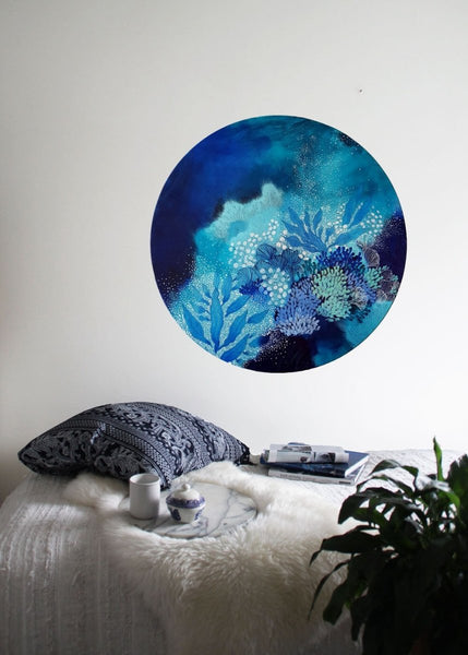 Navy Blue turquoise and white painting inspired by organic forms and the ocean. 50 cms Round painting - Artista Style