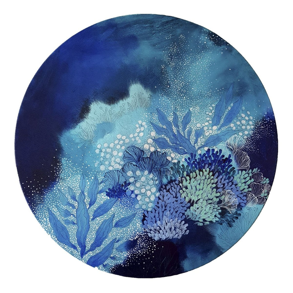 Navy Blue turquoise and white painting inspired by organic ocean forms. 'Sea Garden' 50 cms Round painting - Artista Style