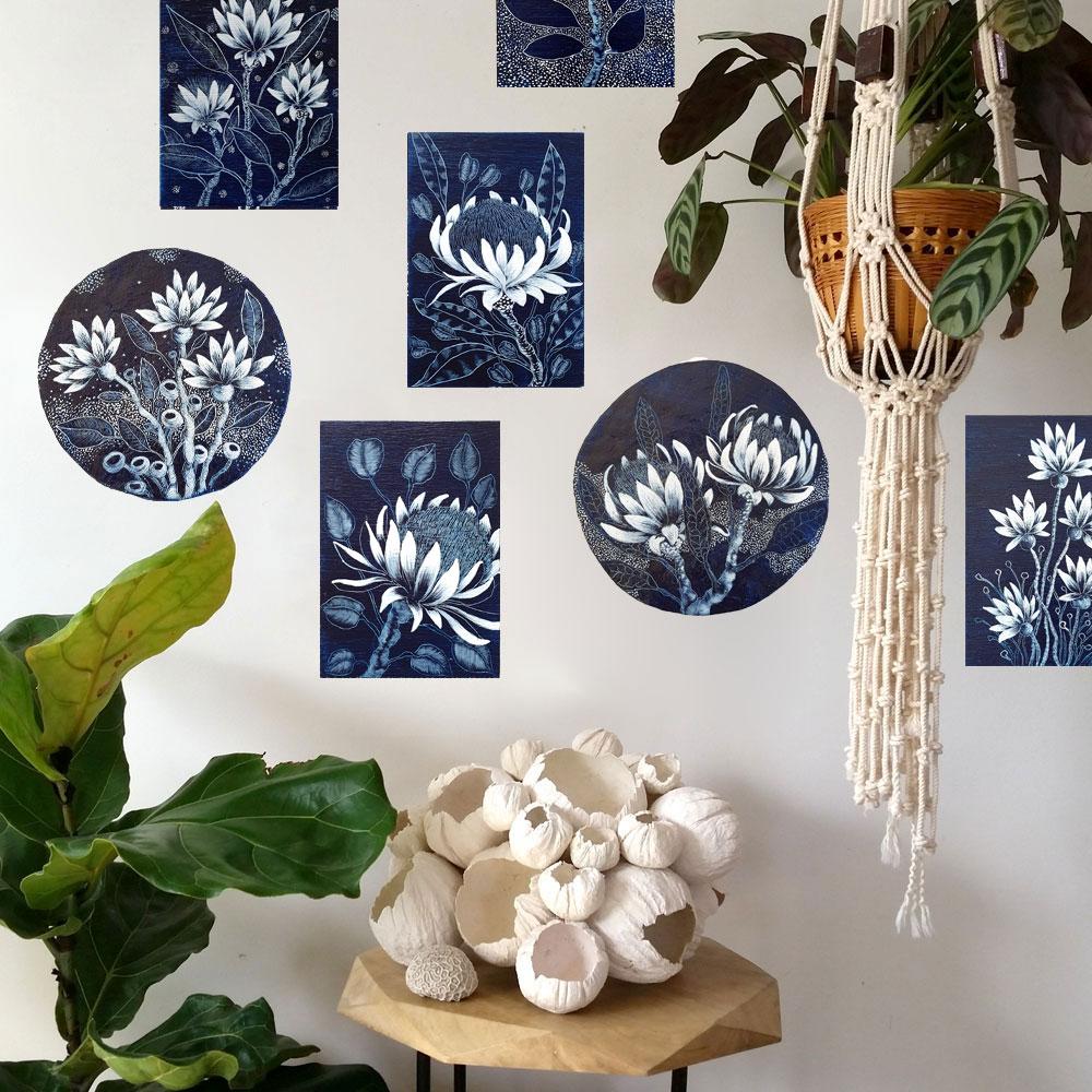 Protea Australian wildflower Indigo Blue White woodblock painting Original Australian Art - Artista Style