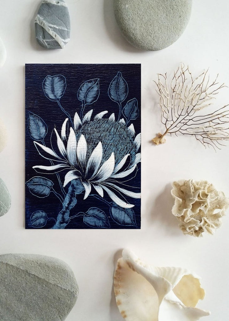 Protea Australian wildflower Indigo Blue White woodblock painting Original Australian Art - Artista Style