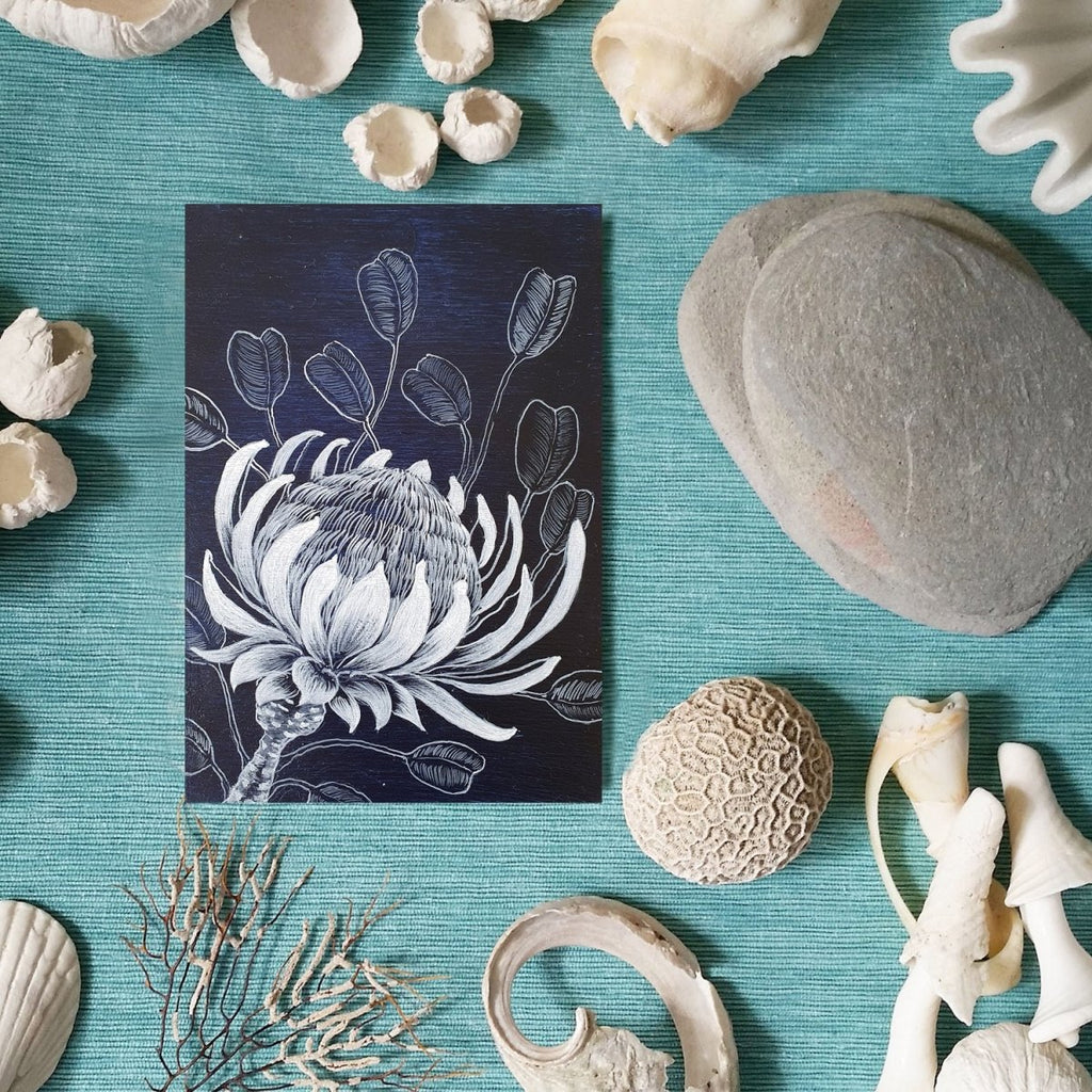 Protea Australian wildflower Indigo Blue White woodblock painting Original Australian Art - Artista Style