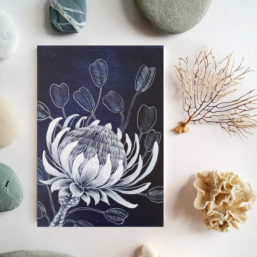 Protea Australian wildflower Indigo Blue White woodblock painting Original Australian Art - Artista Style