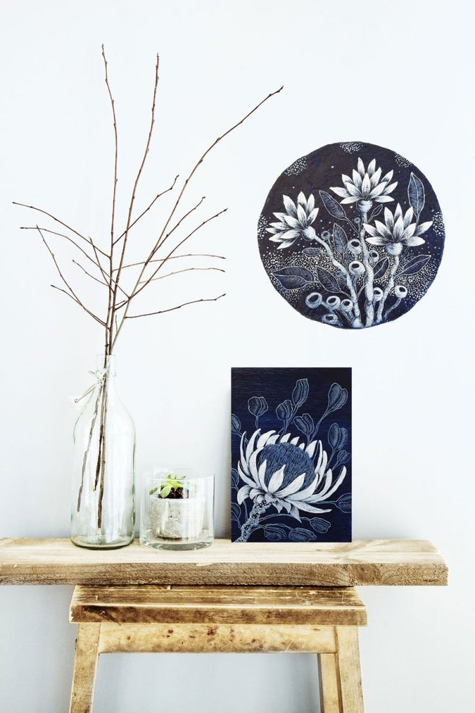 Protea Australian wildflower Indigo Blue White woodblock painting Original Australian Art - Artista Style