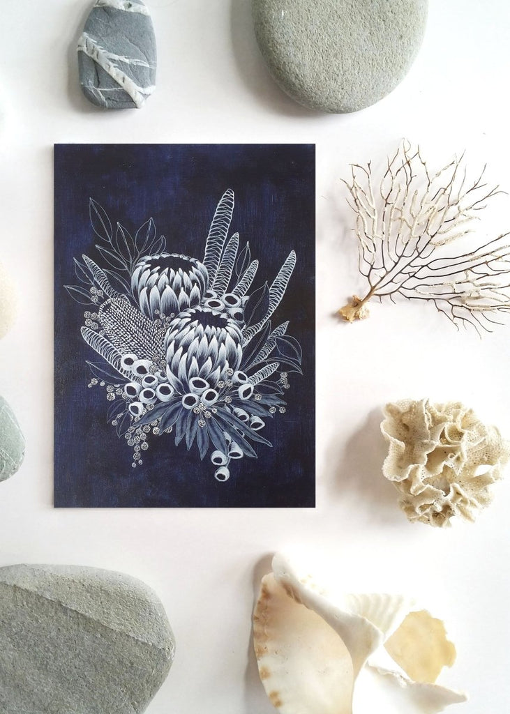 Protea Bouquet Woodblock Painting 25x35cms No 11 - Artista Style