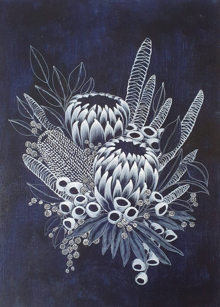 Protea Bouquet Woodblock Painting 25x35cms No 11 - Artista Style