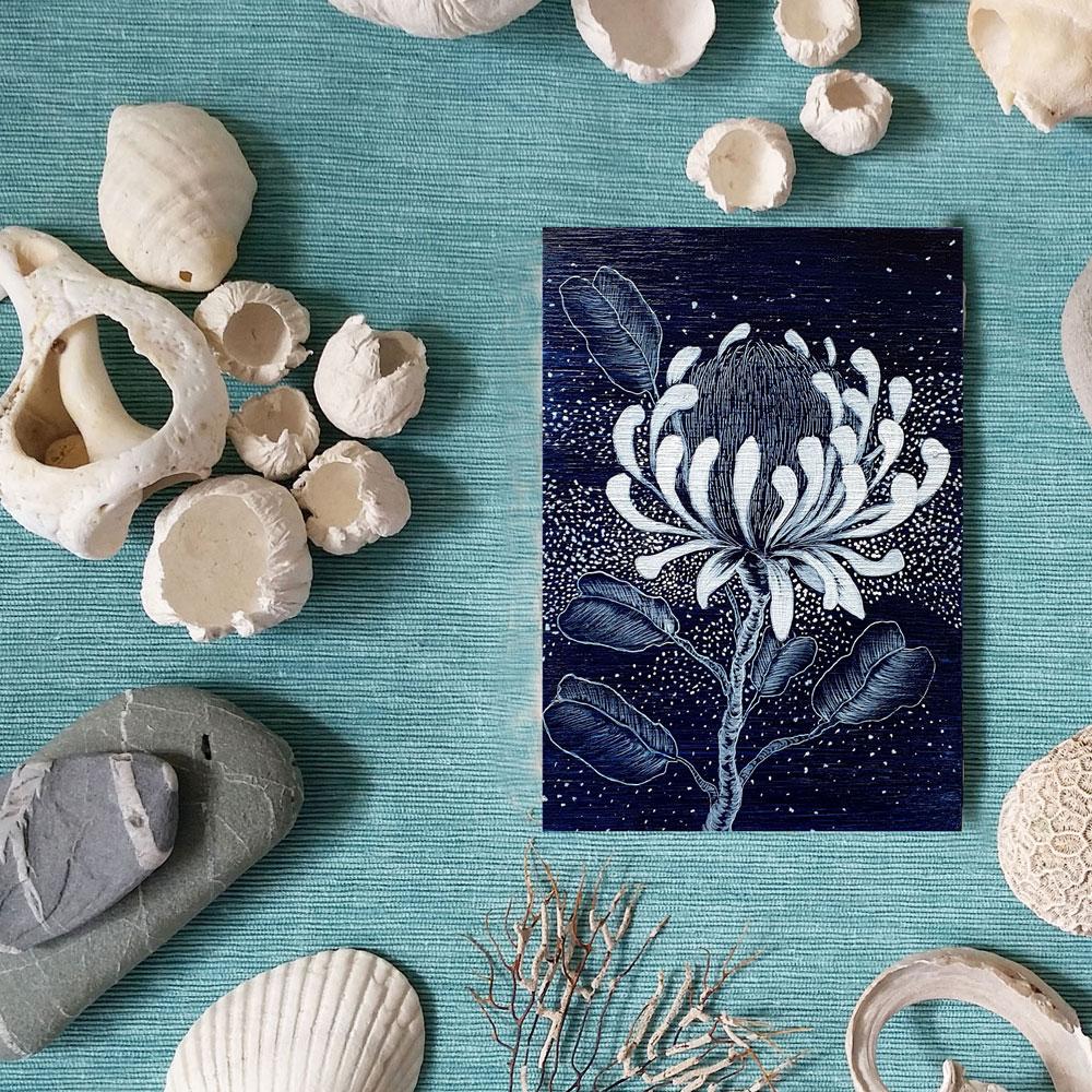 Protea wildflower woodblock painting in Navy Blue White Original one of a kind Australian Art - Artista Style