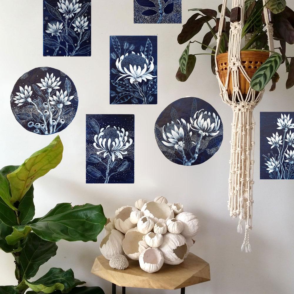 Protea wildflower woodblock painting in Navy Blue White Original one of a kind Australian Art - Artista Style