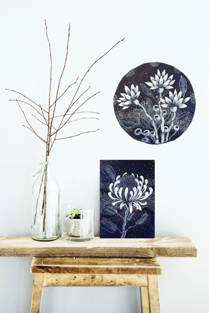 Protea wildflower woodblock painting in Navy Blue White Original one of a kind Australian Art - Artista Style